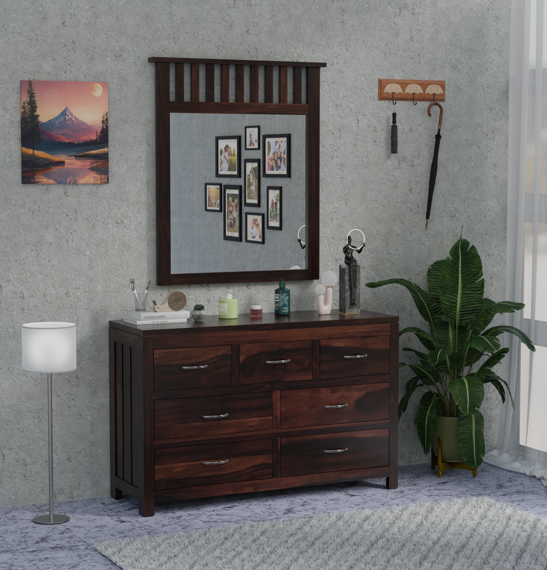 Deskax 7 Drawer Dresser Walnut with Mirror