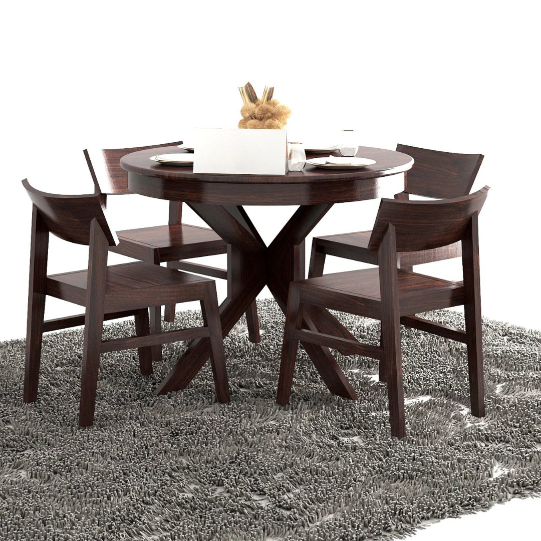 Furnor 4 Seater  Solid Sheesham Wood Round Dining Table Set  - 3 Years Warranty