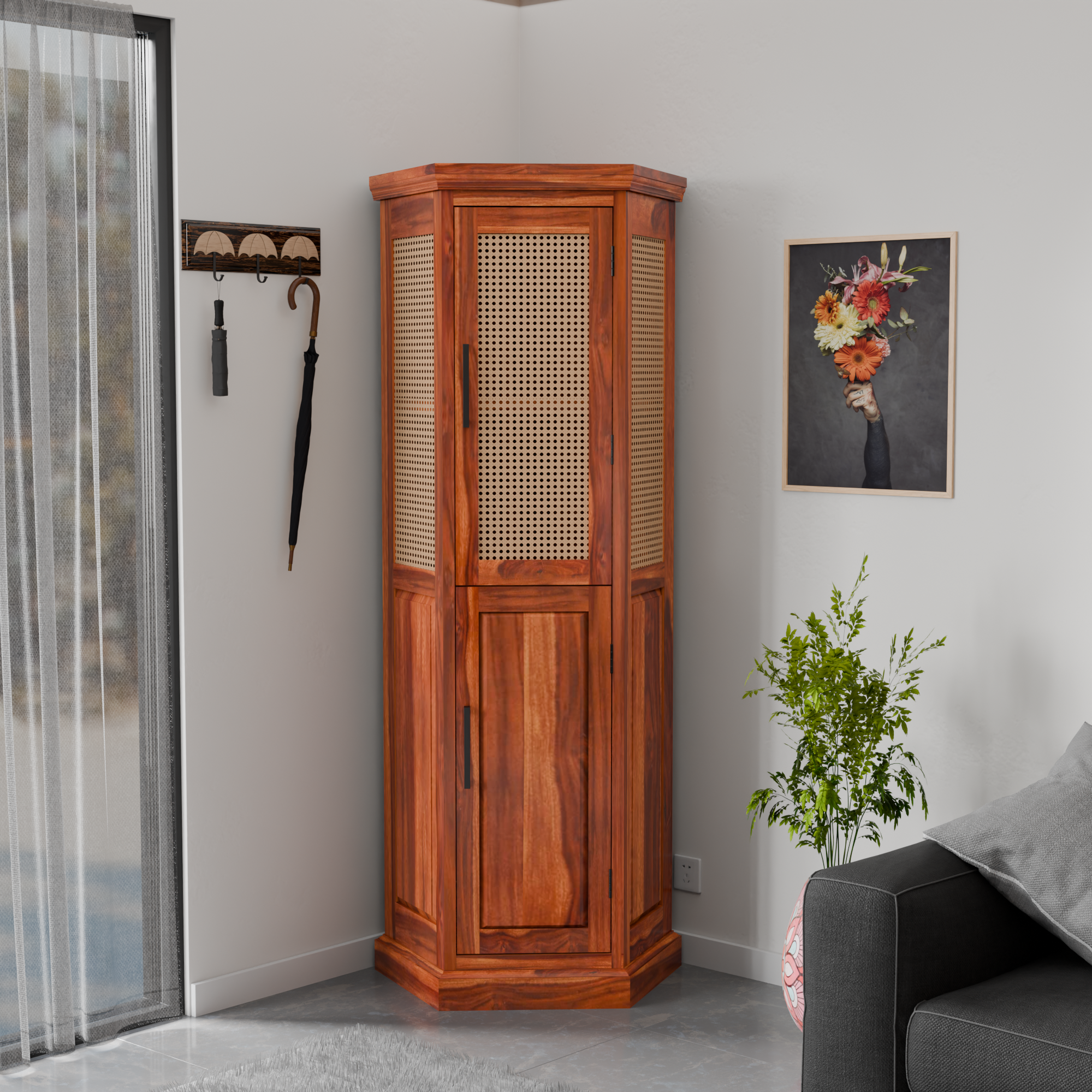 Solid Sheesham Wood Corner Storage Almirah - 3 Years Warranty