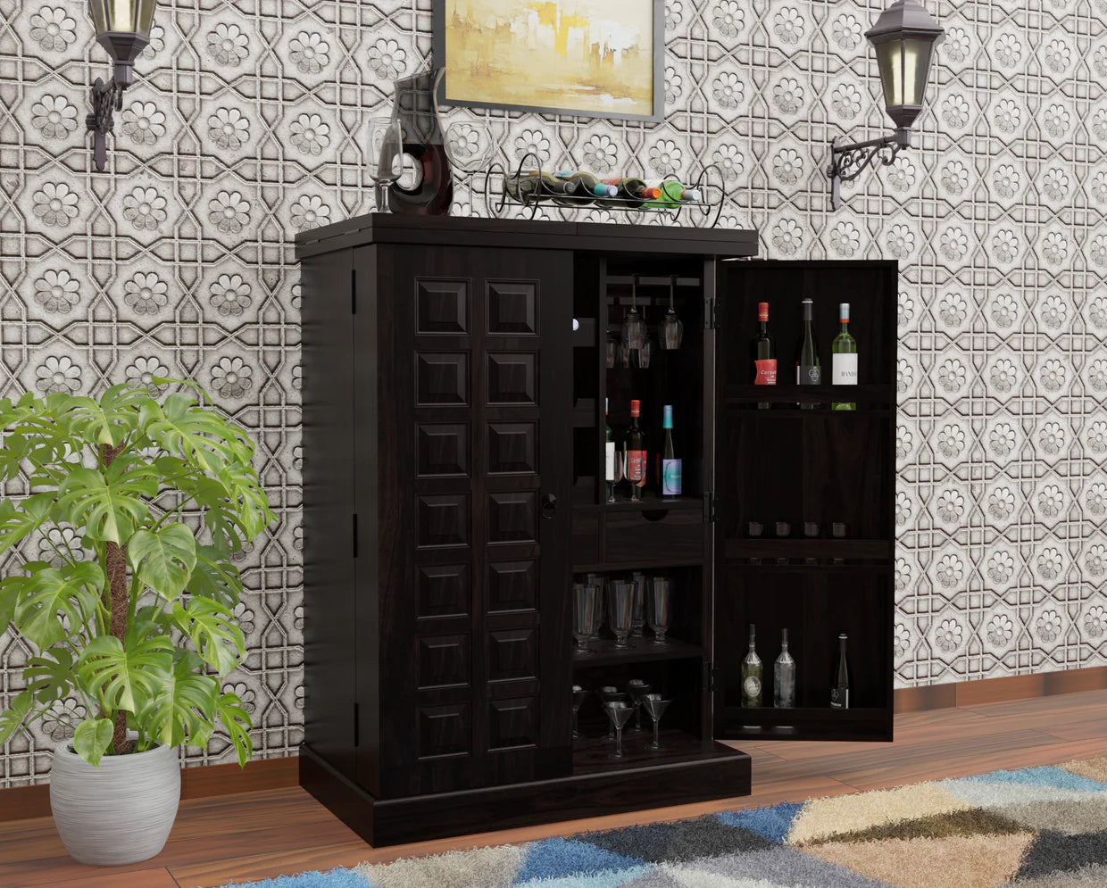 Ergux Solid Sheesham Wood Bar Cabinet with Wine Storage - 3 Years Warranty