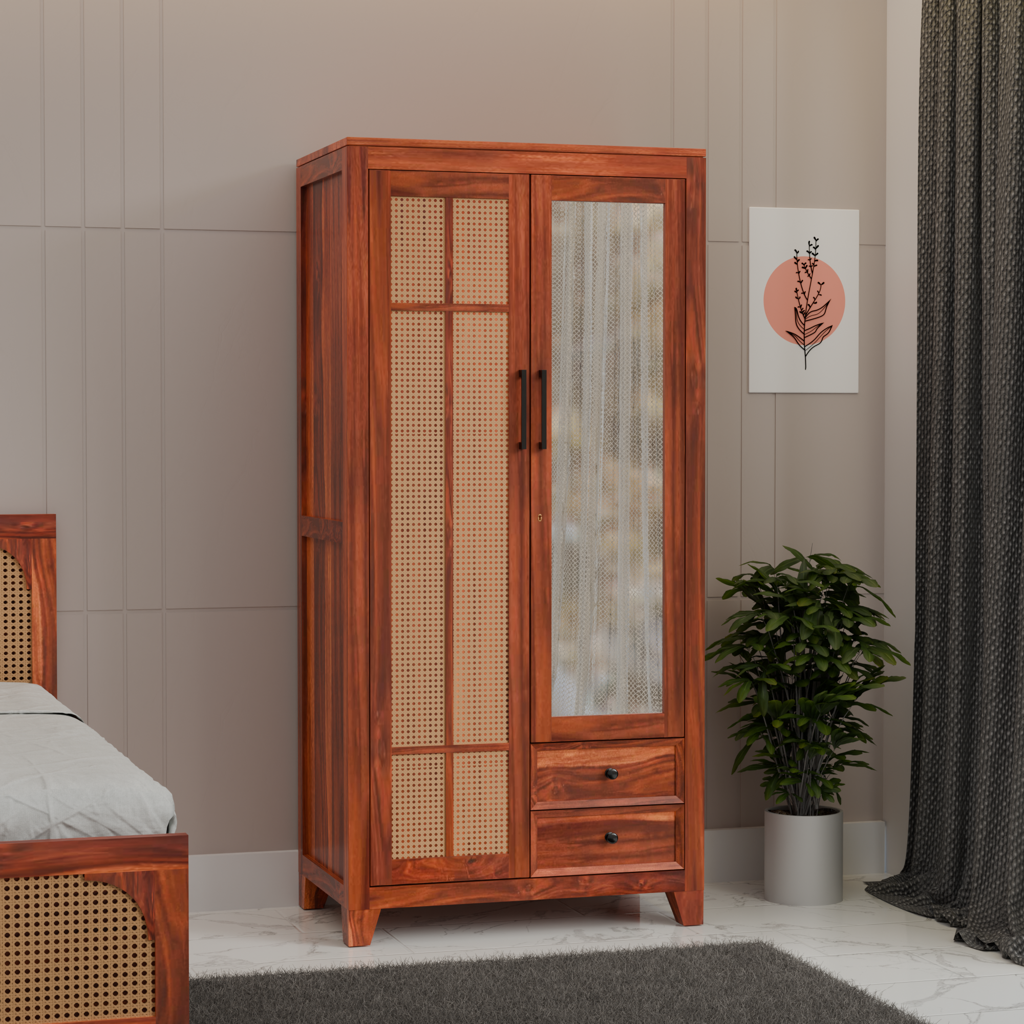Solid Sheesham Wood Almirah with Cane (Jali) Panel & Mirror Door - 3 Years Warranty