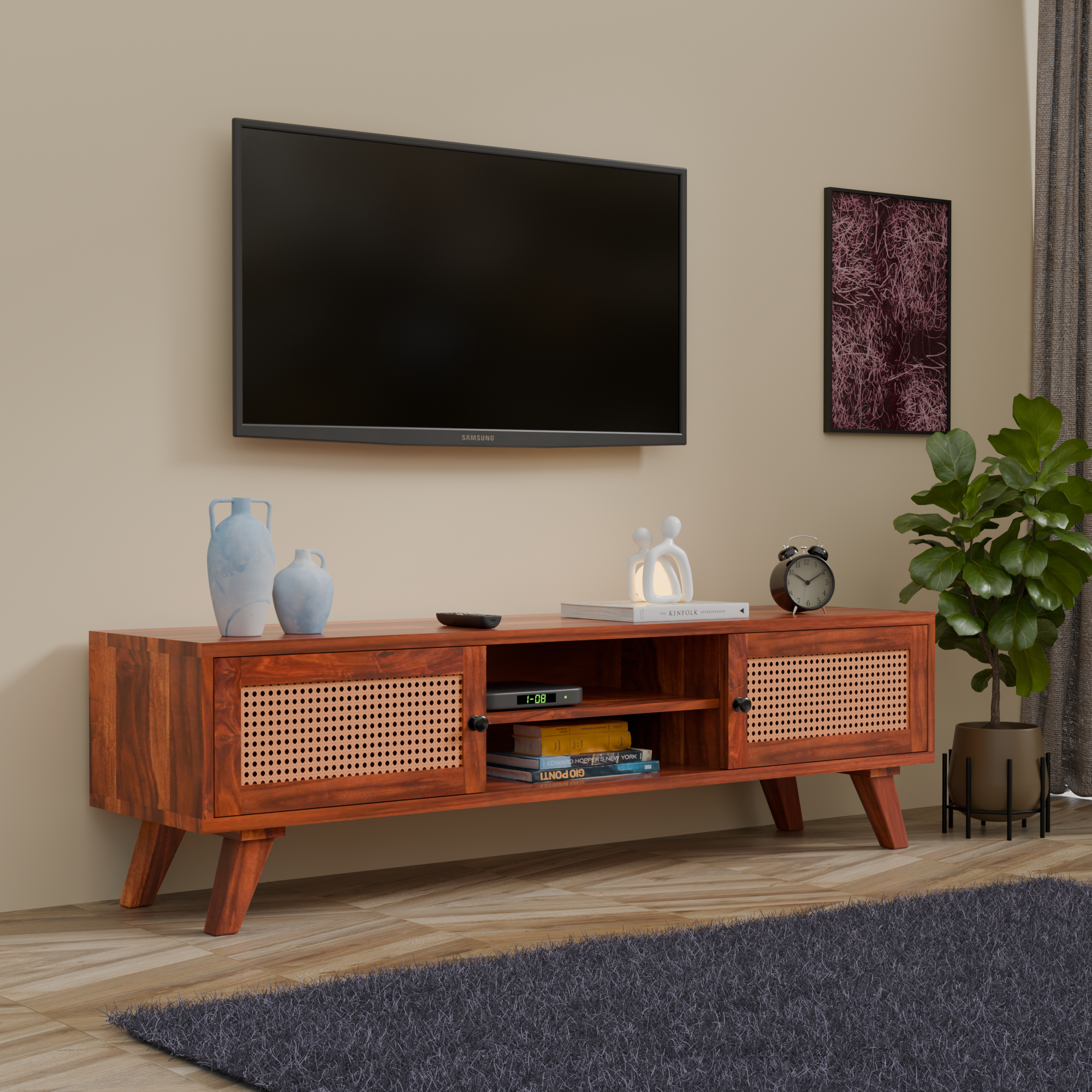 Solid Sheesham Wood TV Unit with Cane Panels - 3 Years Warranty