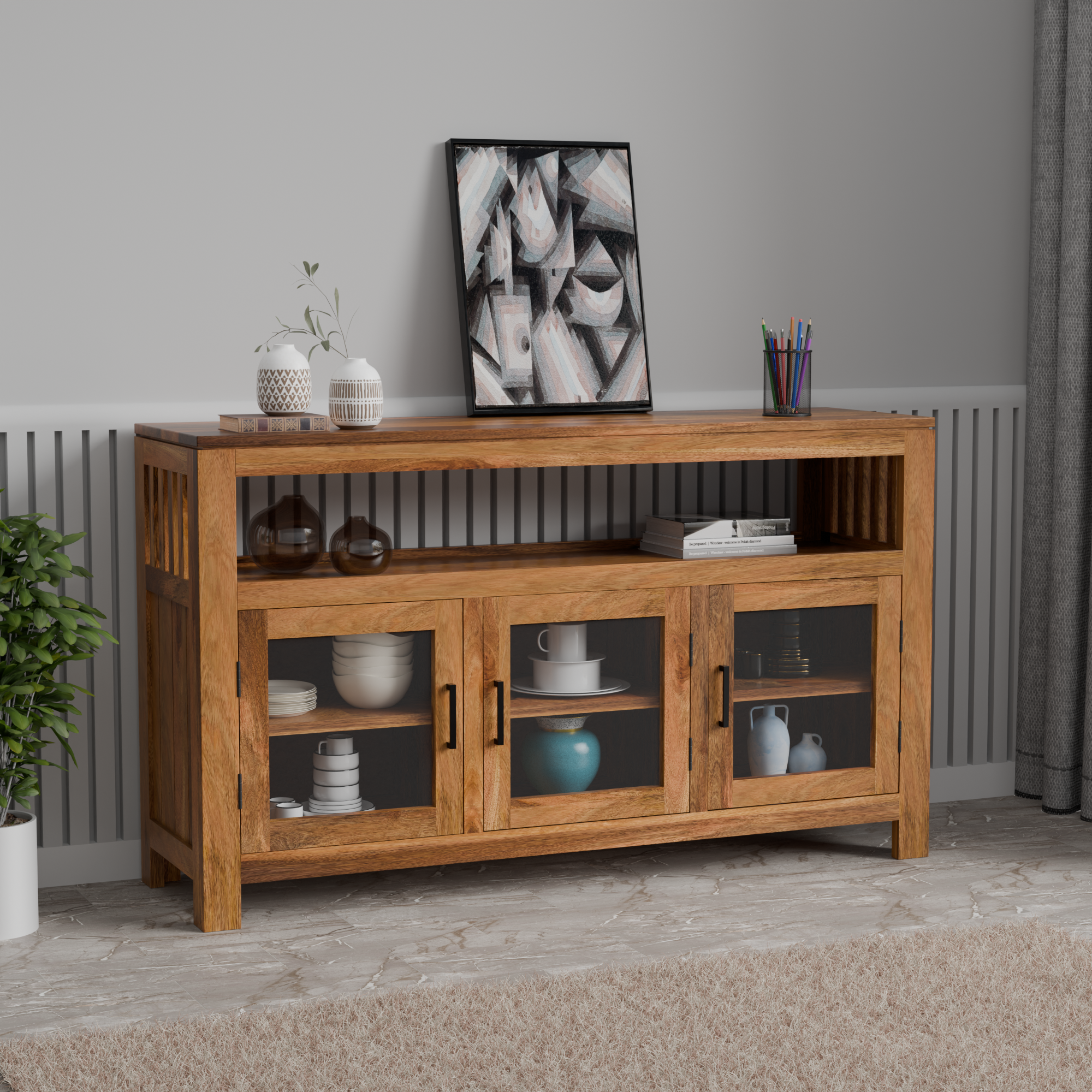 Solid Sheesham Wood Sideboard Cabinet | Honey Finish