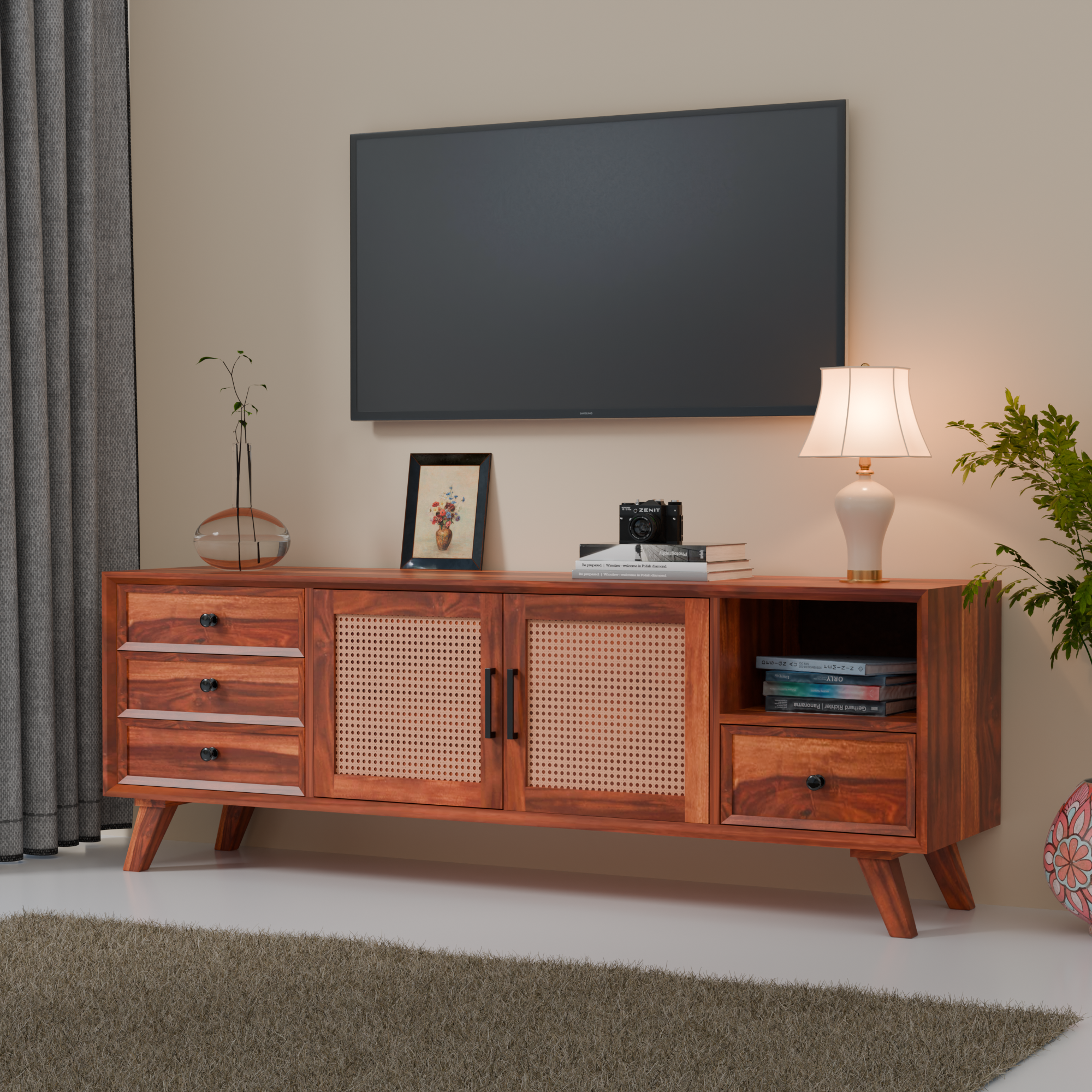 Mid-Century Modern Wooden TV Cabinet For Living room -3 Years Warranty