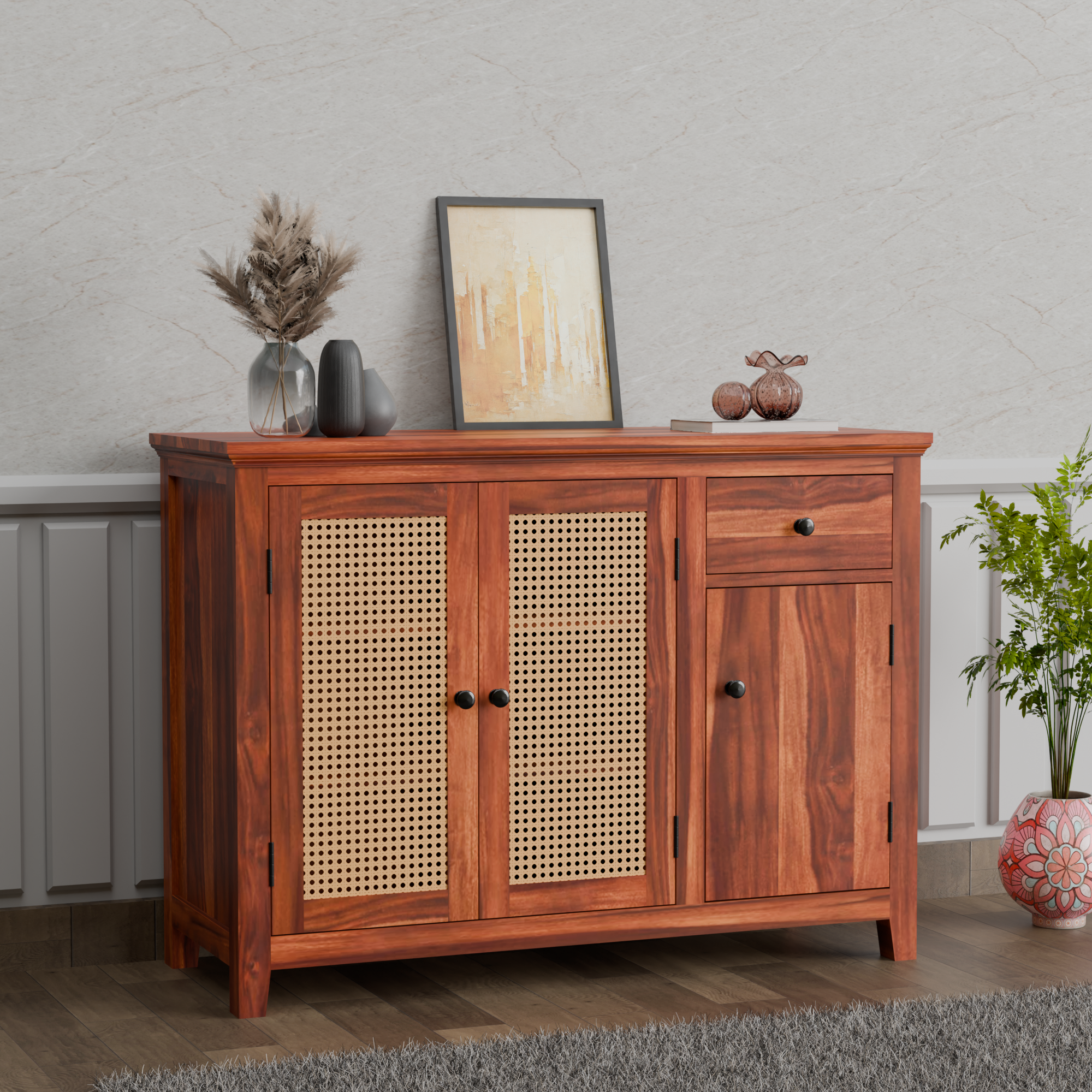 Solid Wood Sideboard Cabinet with Cane Panels - 3 Years Warranty