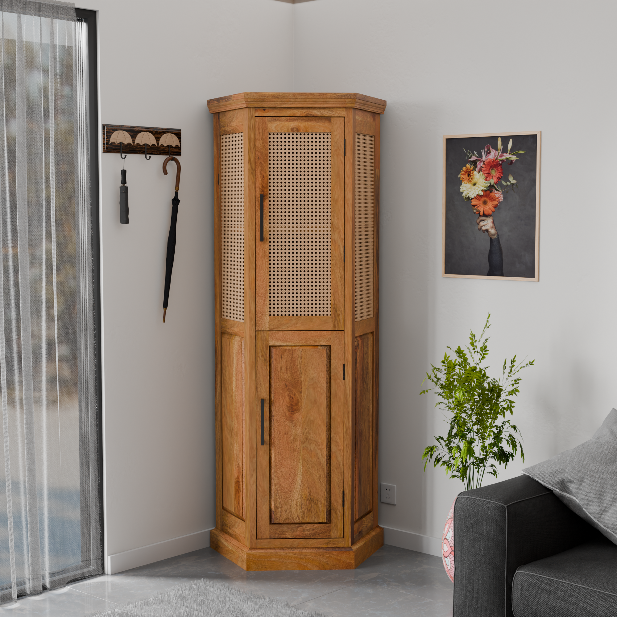 Solid Sheesham Wood Corner Storage Almirah - 3 Years Warranty