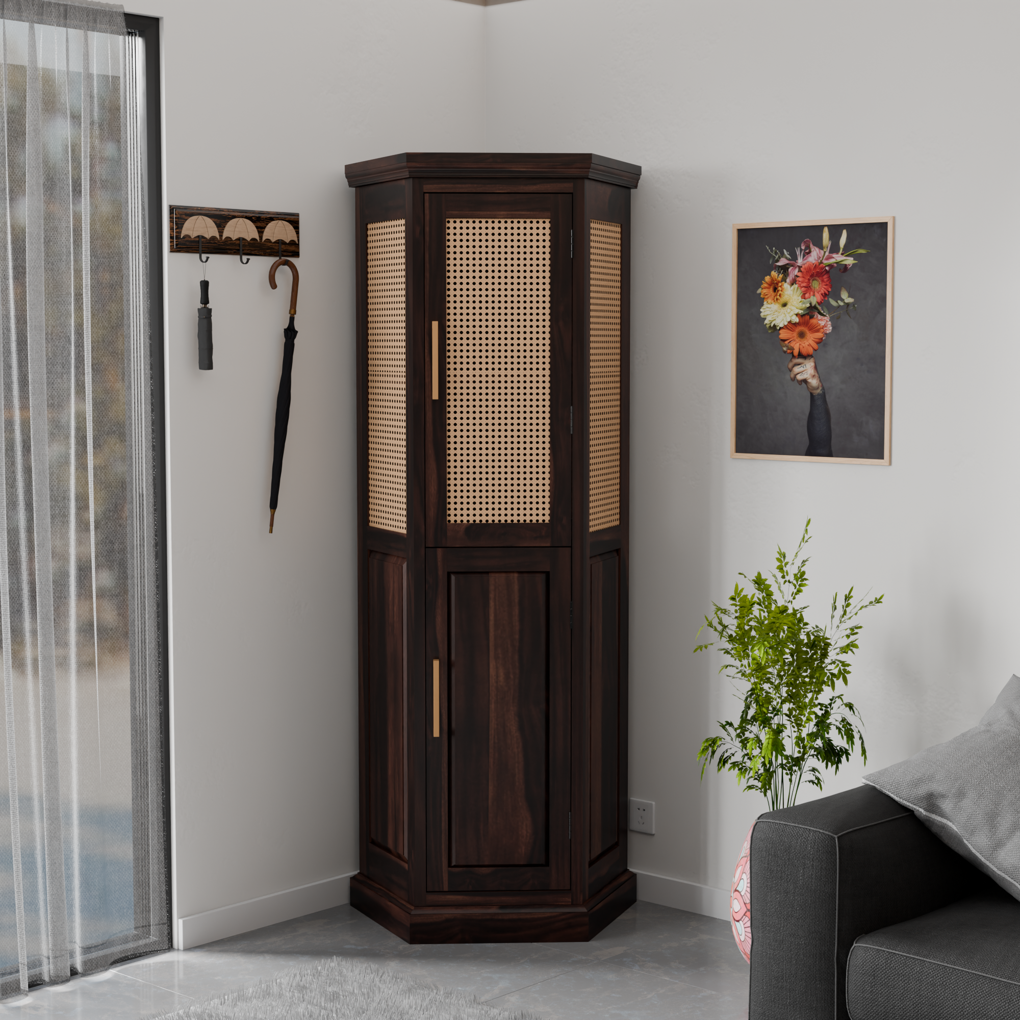 Solid Sheesham Wood Corner Storage Almirah - 3 Years Warranty