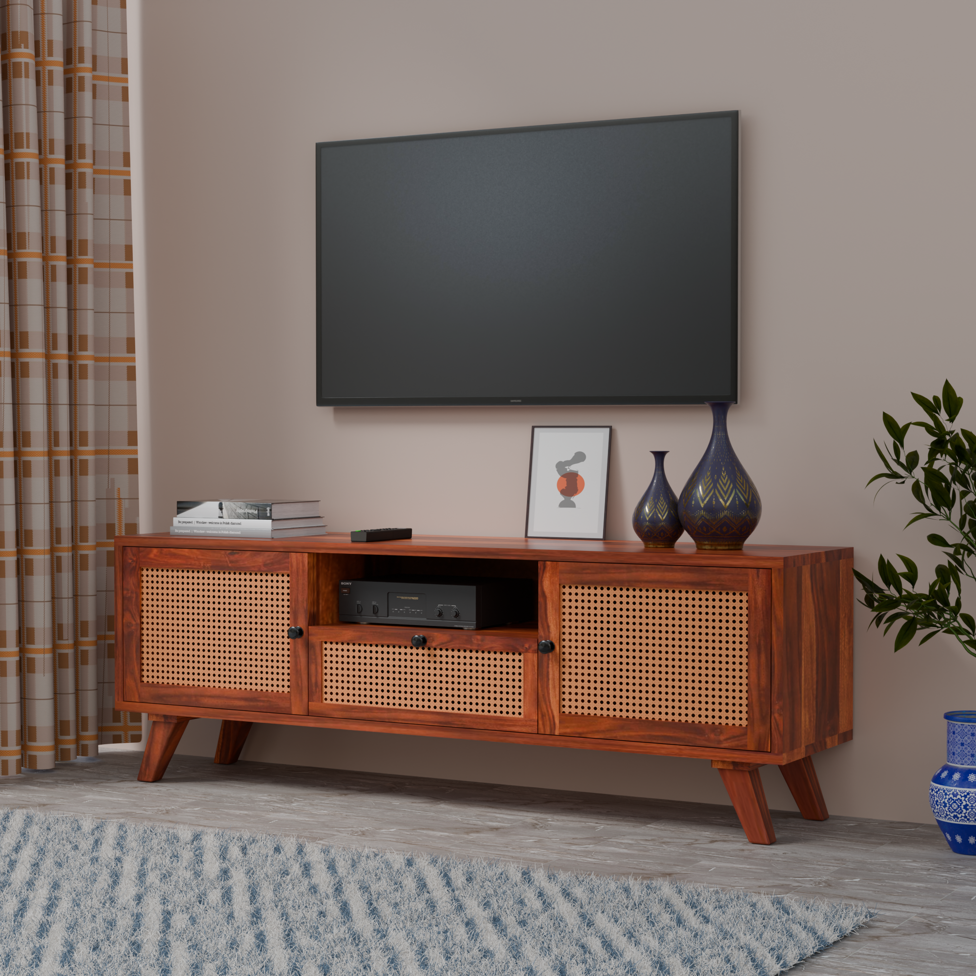 Solid Sheesham Wood TV Unit with Cane Doors & Drawer - 3 Years Warranty