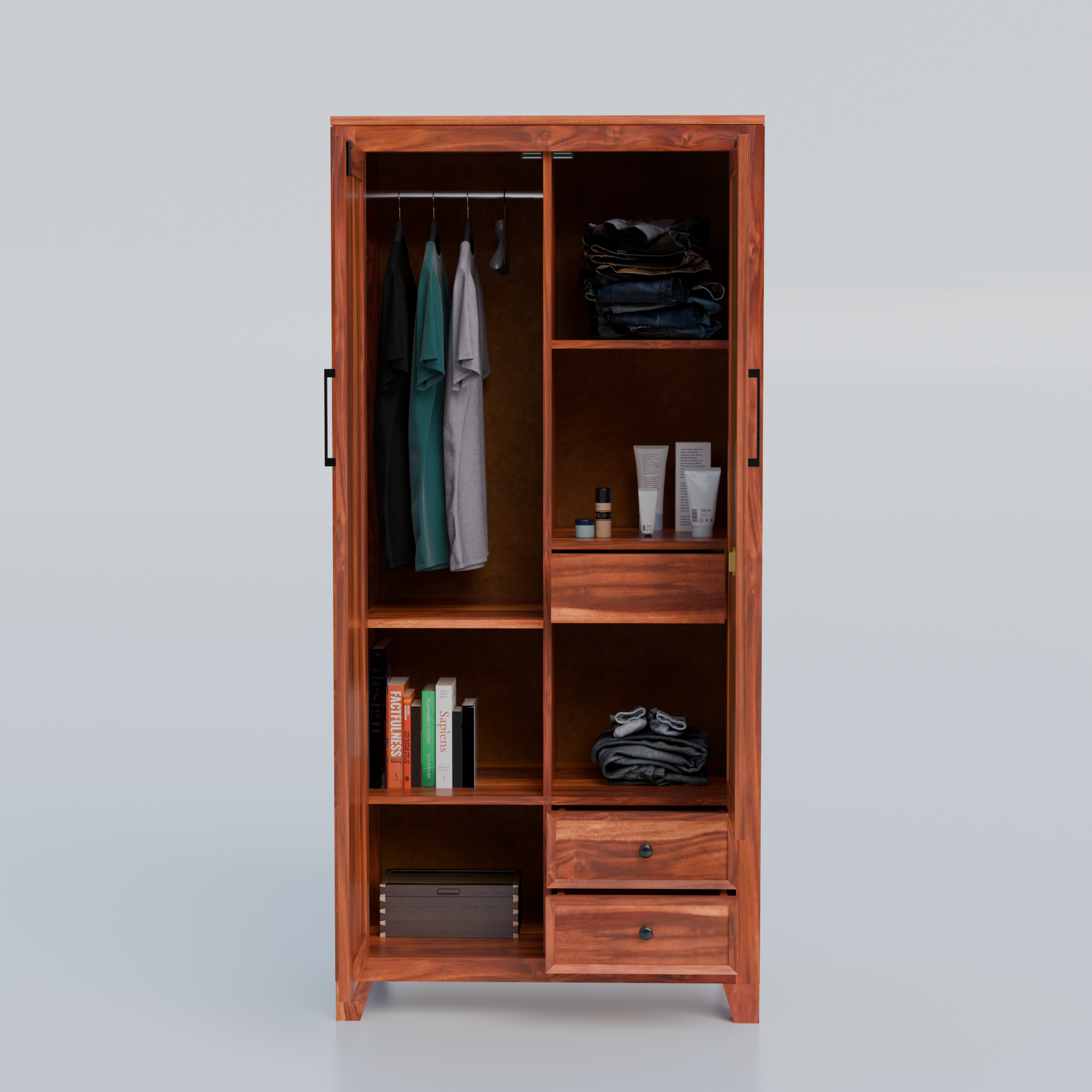 Solid Sheesham Wood Almirah with Cane (Jali) Panel & Mirror Door - 3 Years Warranty