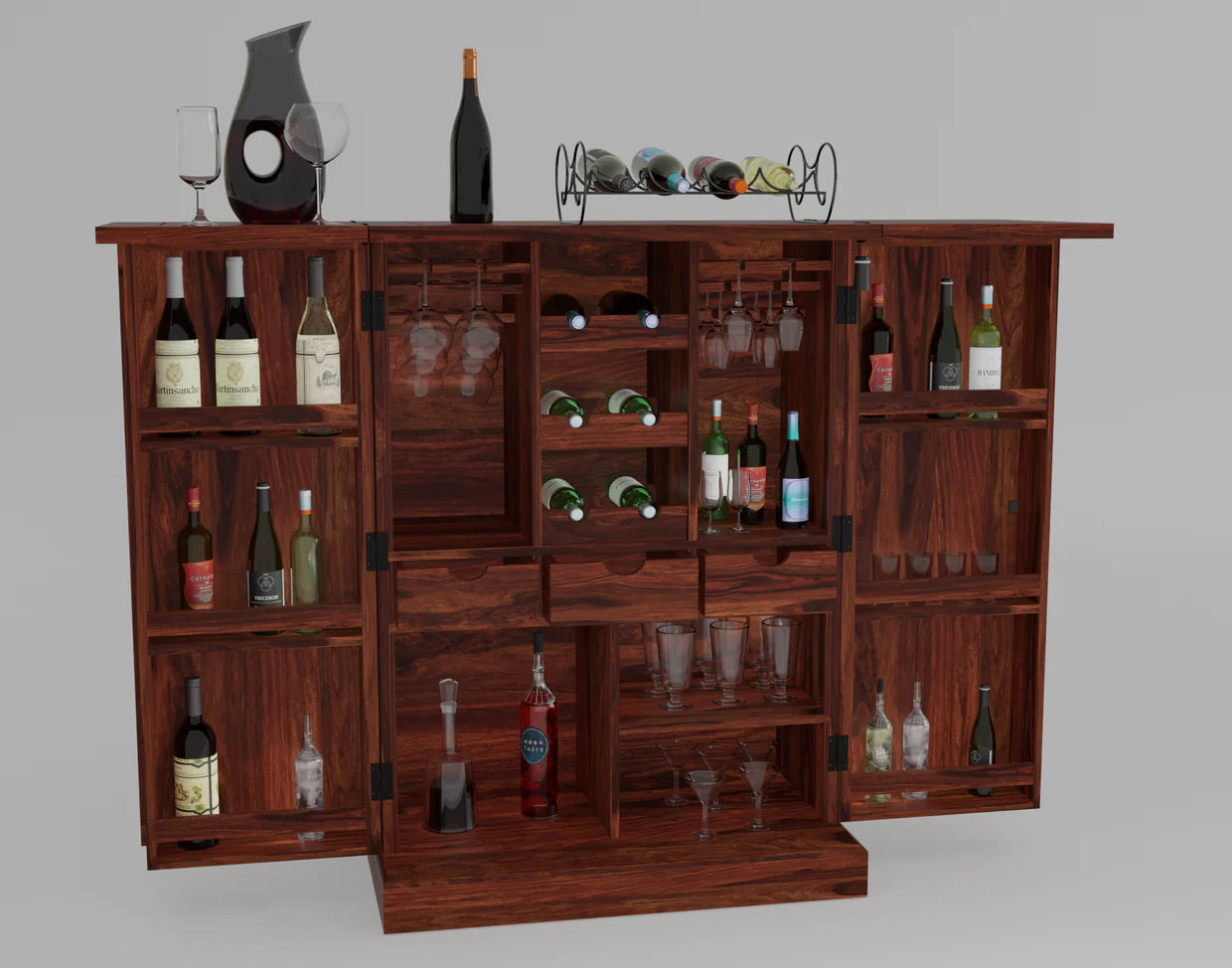 Ergux Solid Sheesham Wood Bar Cabinet with Wine Storage - 3 Years Warranty