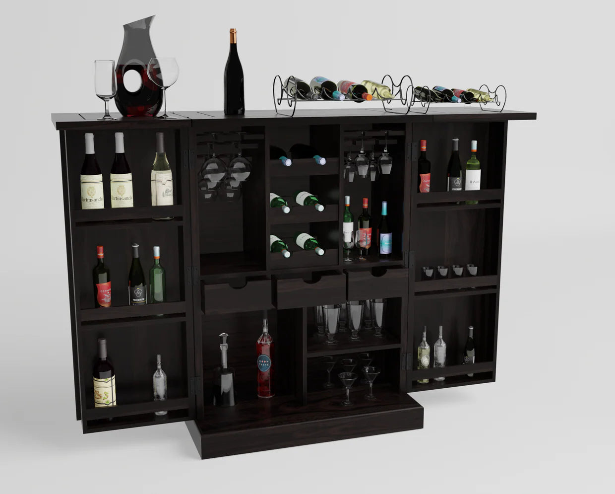 Ergux Solid Sheesham Wood Bar Cabinet with Wine Storage - 3 Years Warranty