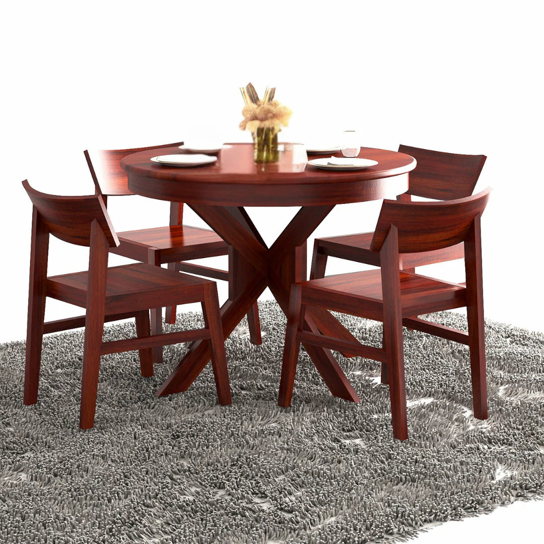 Furnor 4 Seater  Solid Sheesham Wood Round Dining Table Set  - 3 Years Warranty