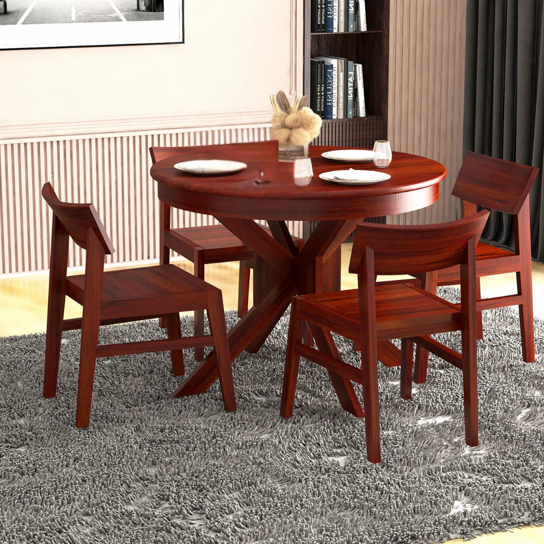 Furnor 4 Seater  Solid Sheesham Wood Round Dining Table Set  - 3 Years Warranty