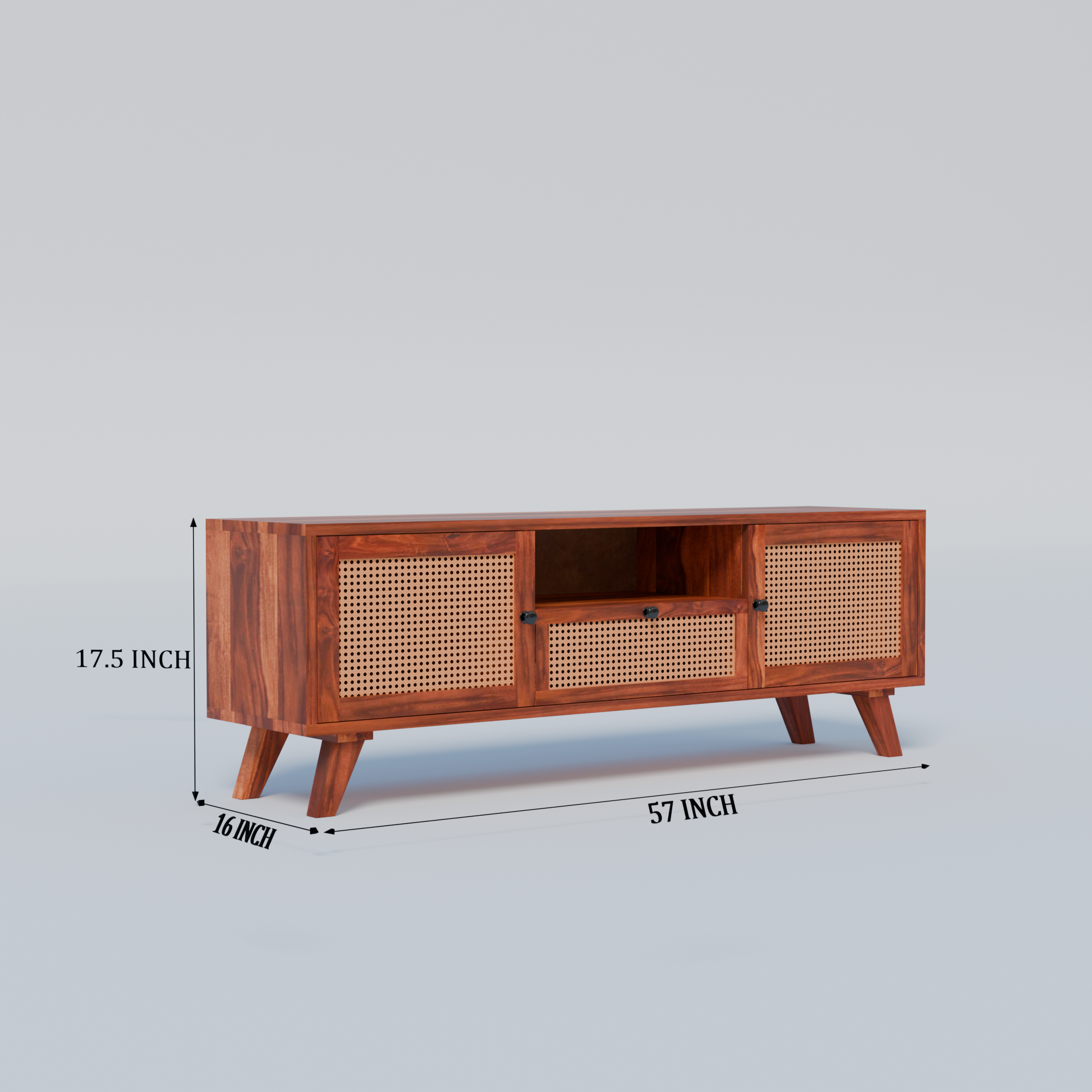 Solid Sheesham Wood TV Unit with Cane Doors & Drawer - 3 Years Warranty