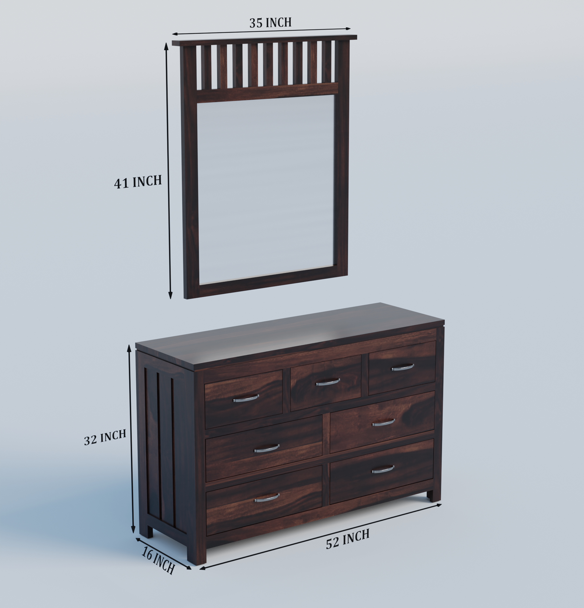 Deskax 7 Drawer Dresser Walnut with Mirror