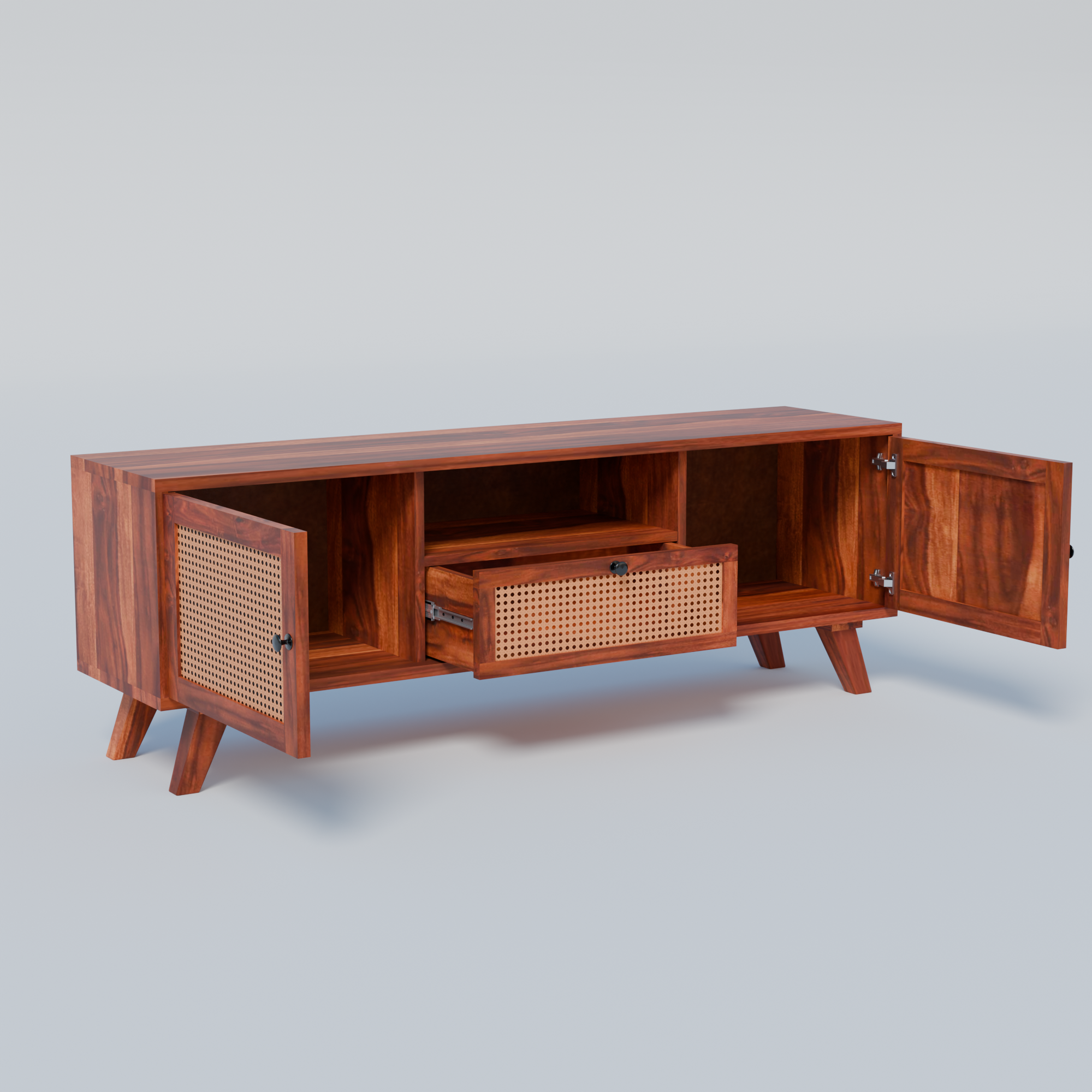 Solid Sheesham Wood TV Unit with Cane Doors & Drawer - 3 Years Warranty
