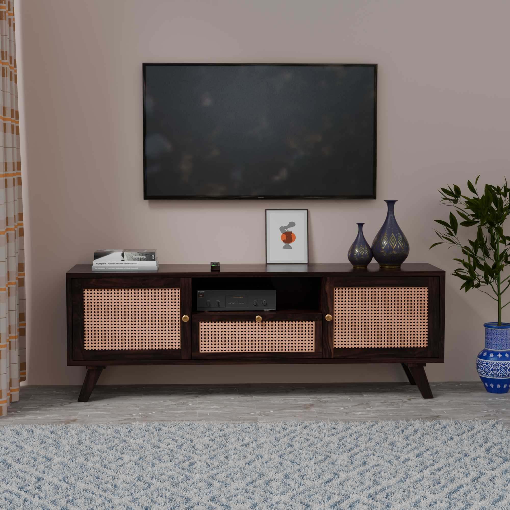 Solid Sheesham Wood TV Unit with Cane Doors & Drawer - 3 Years Warranty