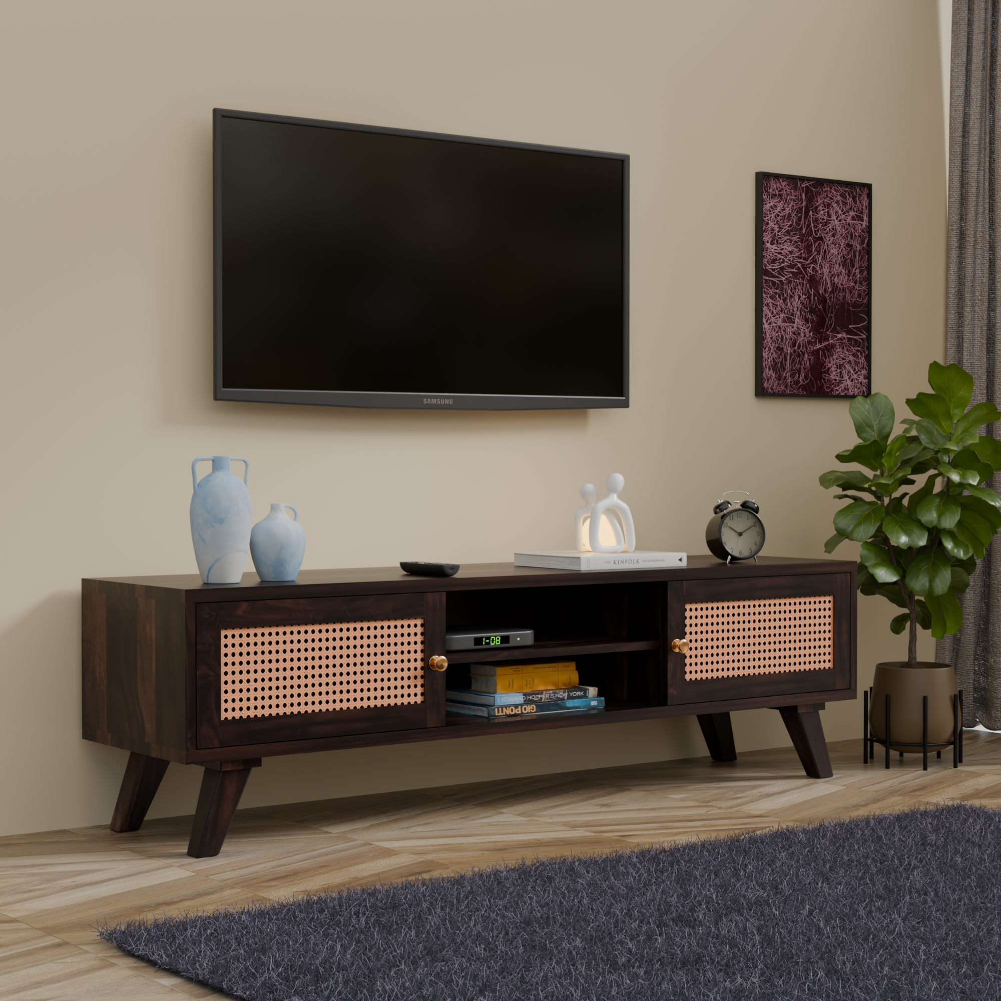 Solid Sheesham Wood TV Unit with Cane Panels - 3 Years Warranty