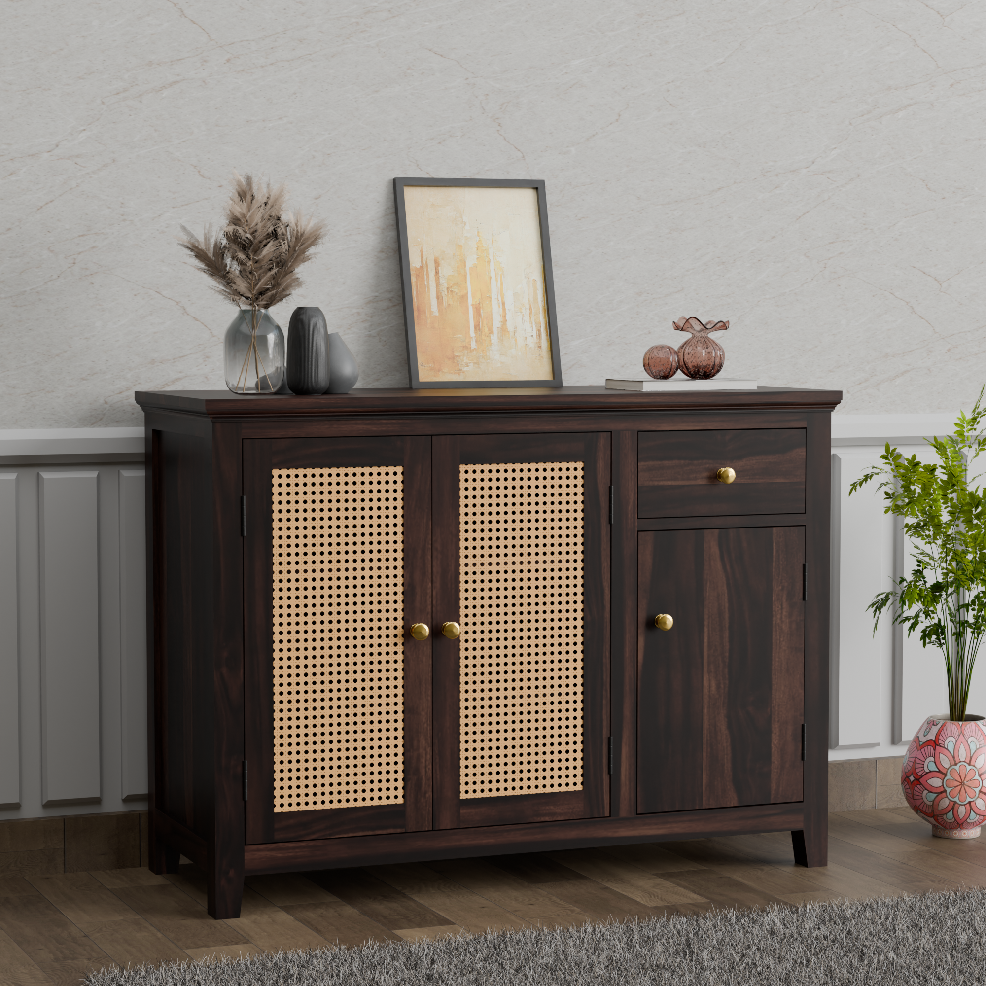 Solid Wood Sideboard Cabinet with Cane Panels - 3 Years Warranty