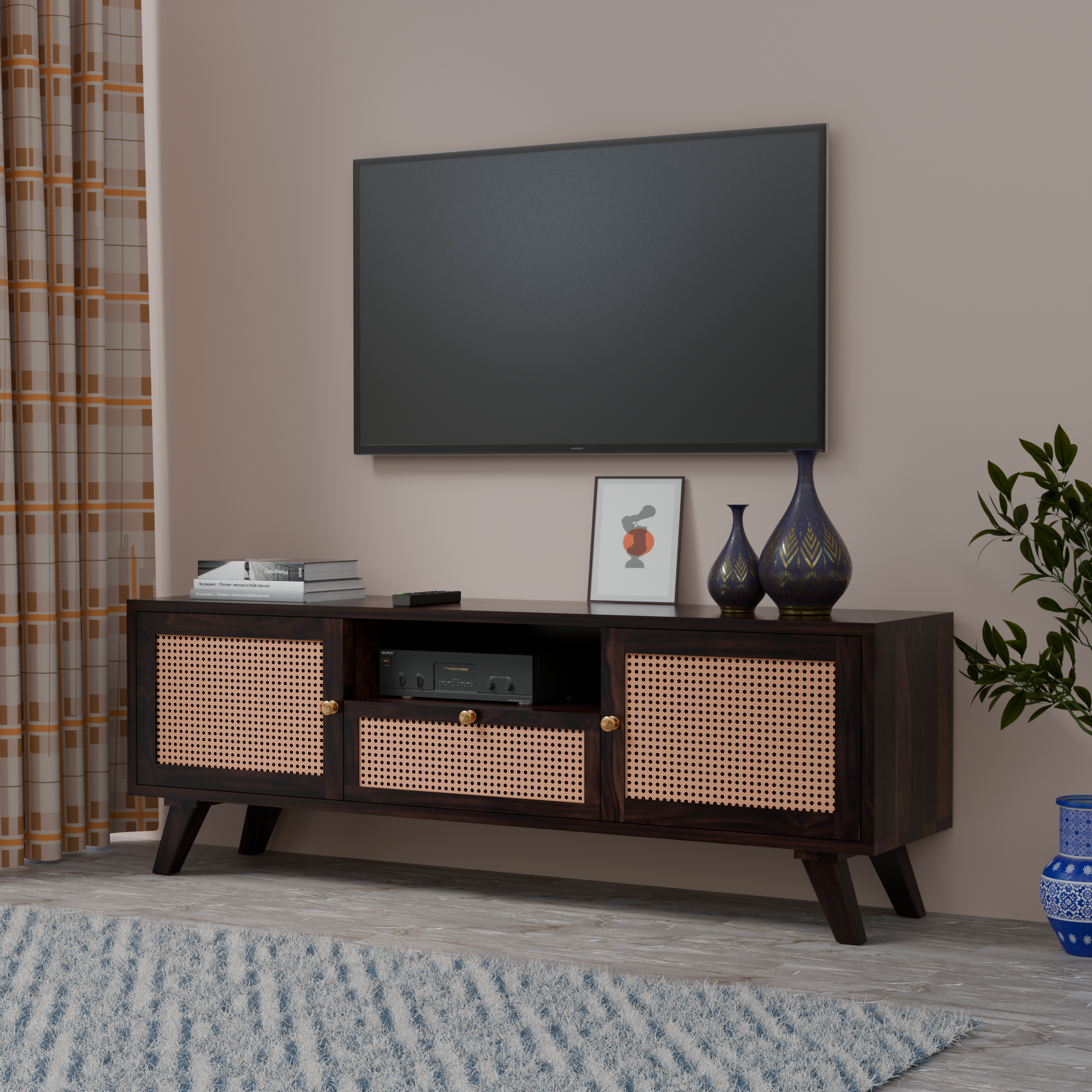 Solid Sheesham Wood TV Unit with Cane Doors & Drawer - 3 Years Warranty