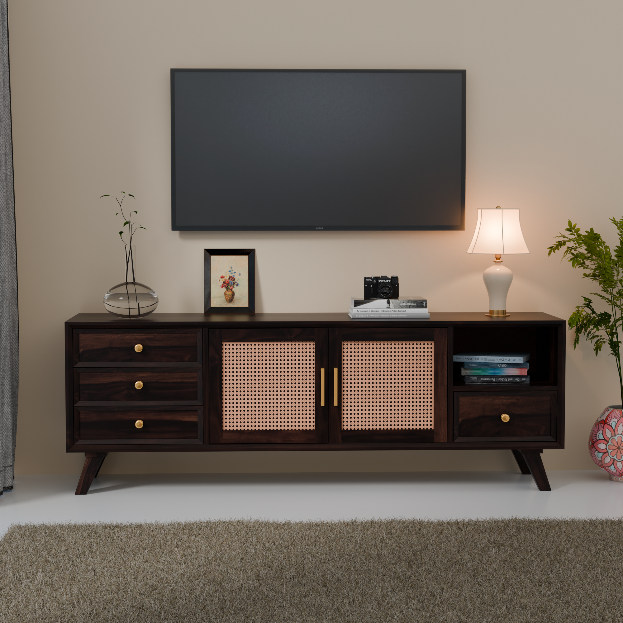 Mid-Century Modern Wooden TV Cabinet For Living room -3 Years Warranty