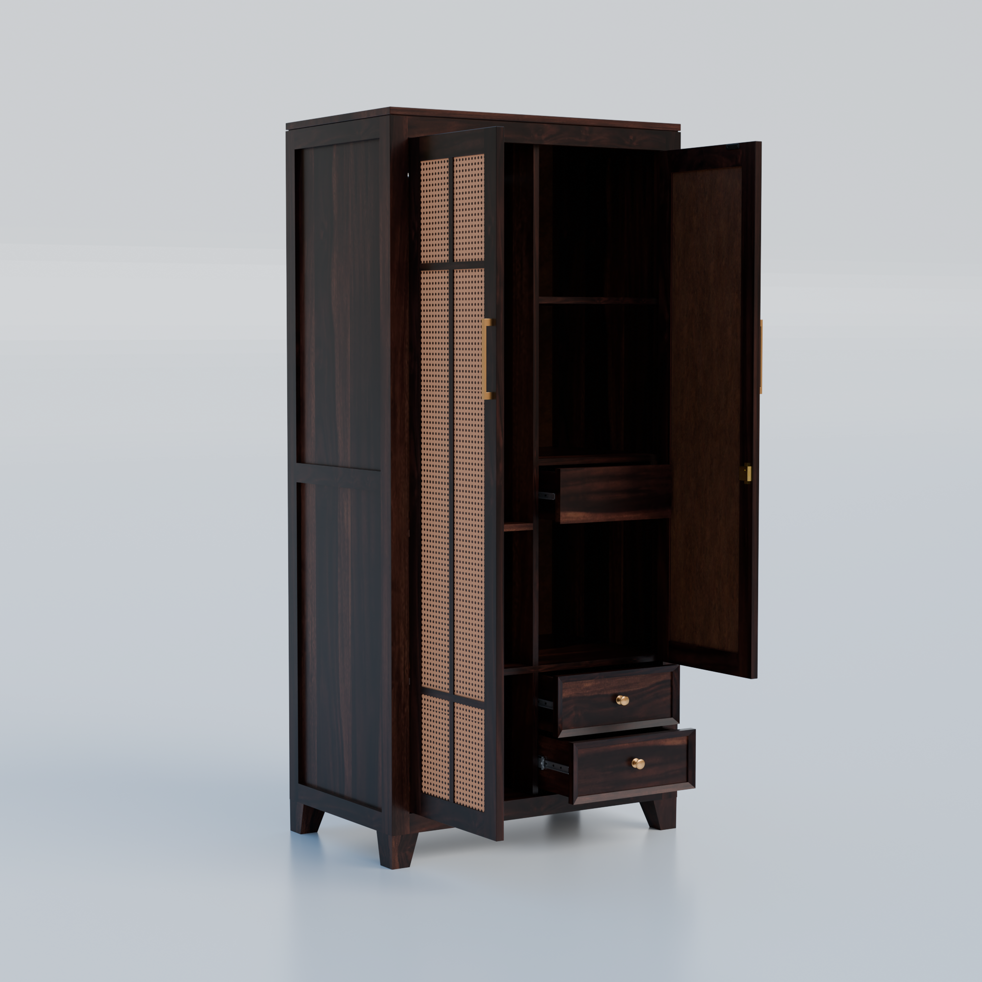 Solid Sheesham Wood Almirah with Cane (Jali) Panel & Mirror Door - 3 Years Warranty