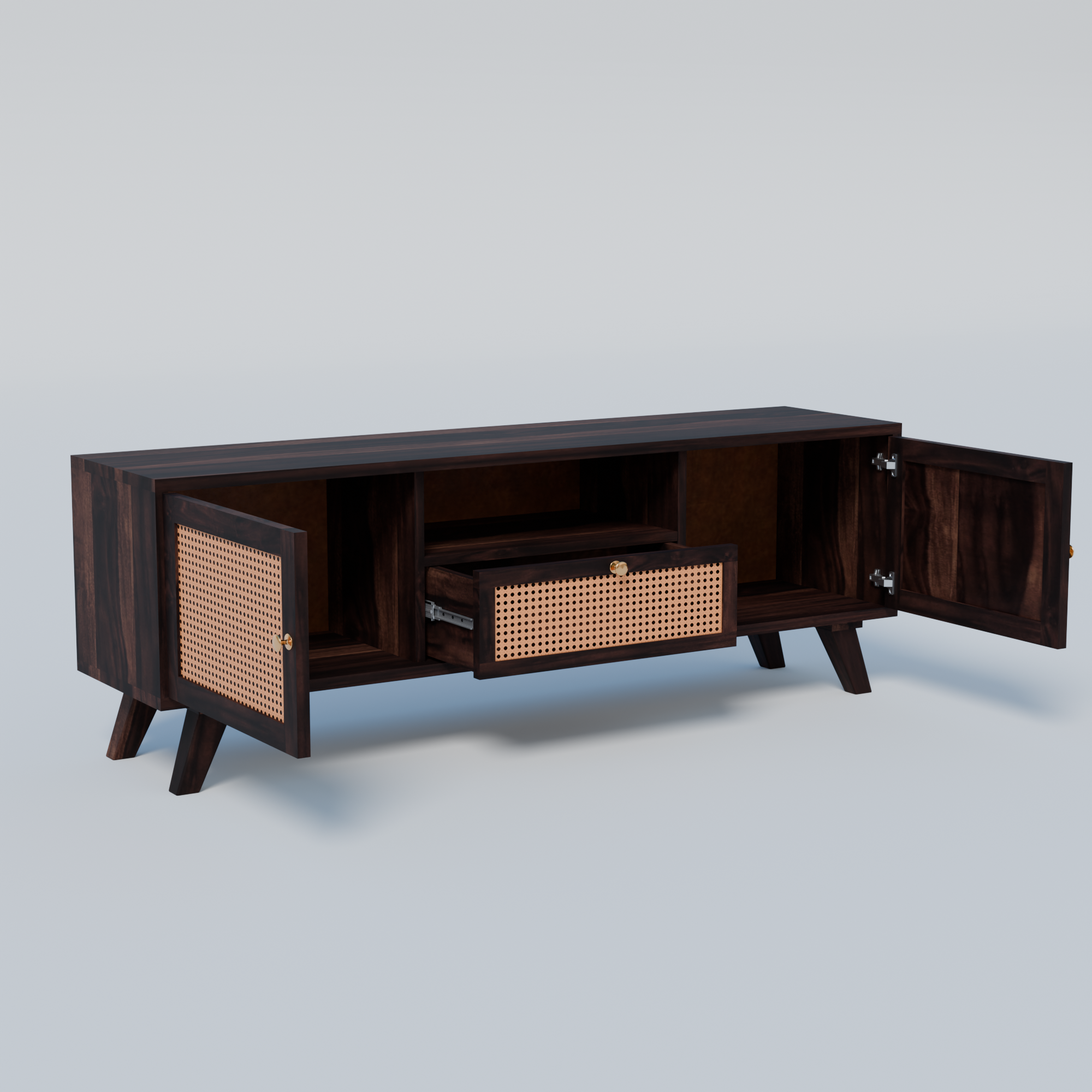 Solid Sheesham Wood TV Unit with Cane Doors & Drawer - 3 Years Warranty