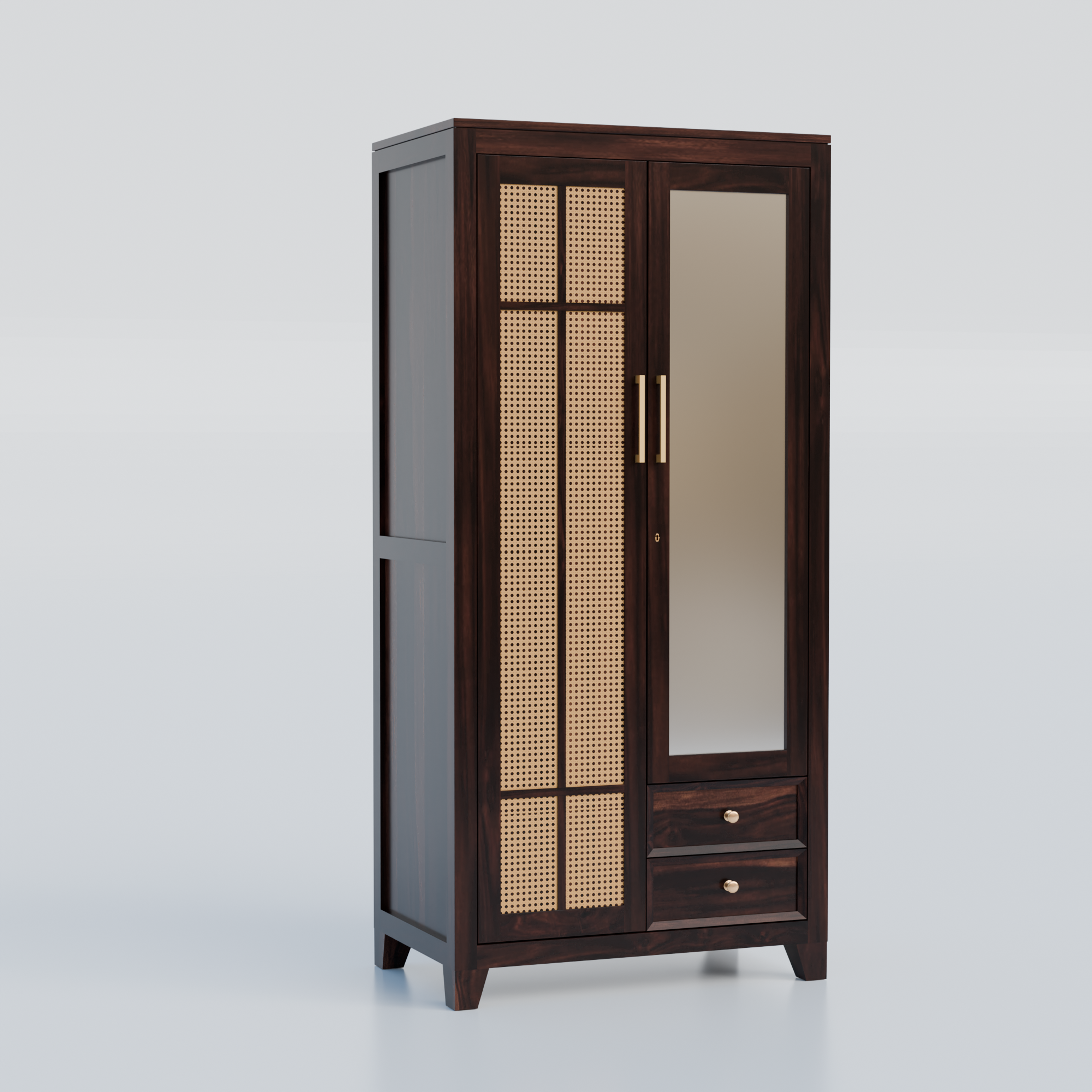 Solid Sheesham Wood Almirah with Cane (Jali) Panel & Mirror Door - 3 Years Warranty